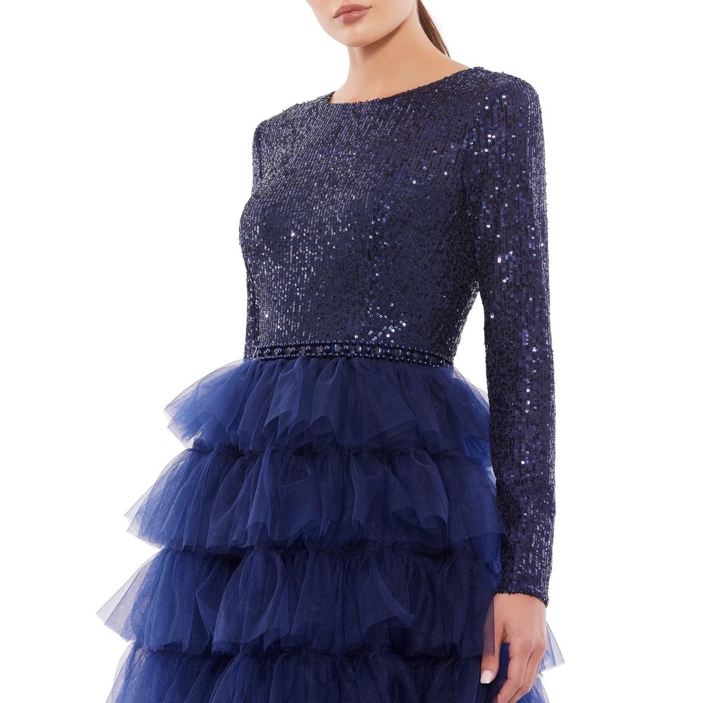 Ieena for Mac Duggal Midnight Blue Sequin Tulle Tiered Dress 26299 Size 2